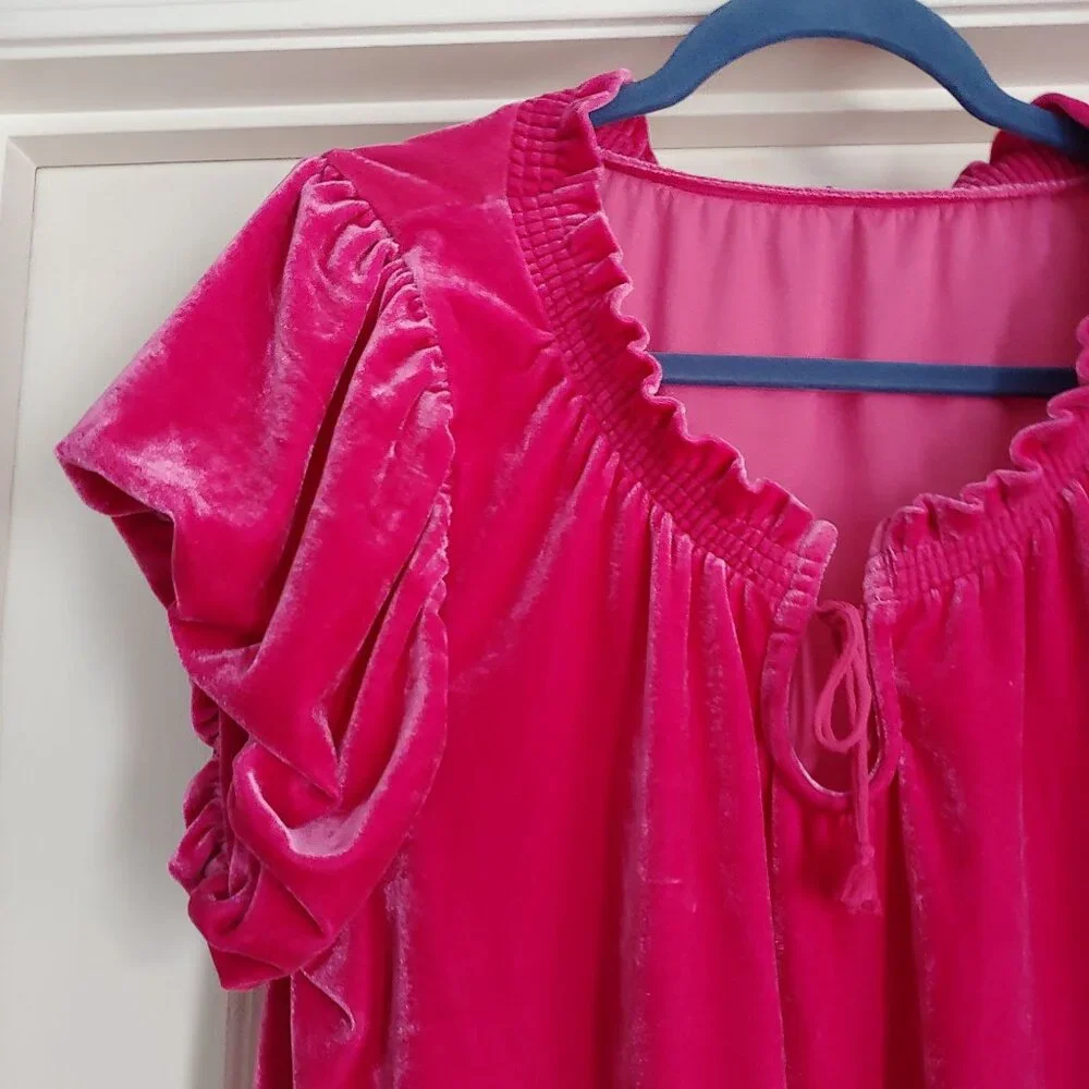 Free People Terese Velvet Short Sleeve Top Ruffle Coquette Twee Barbiecore Girly